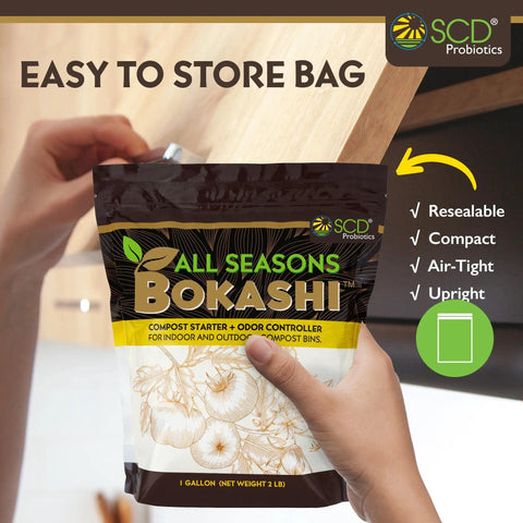 Person handling Dry Bokashi Bran Compost Starter For Kitchen And Outdoor Bins 2 Lbs Pack Low Odor Chemical Free And Fast Finish.
