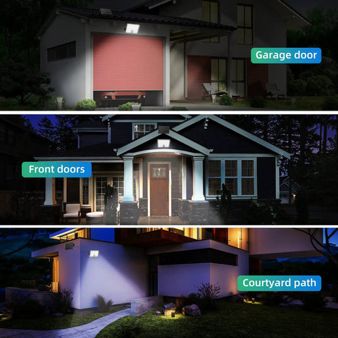 Solar Motion Sensor Light Outdoor No Fuss Easy Setup 3 Modes Dusk to Dawn Security Flood Light IP65 Waterproof Detects Motion Up To 40 Feet With 120 Degree Range Solar Powered Exterior Lighting For Door Patio Garden Garage Shed illuminating a garage, front doors, and courtyard path in sequence.