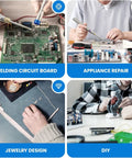 Collage of activities: welding circuit board, appliance repair, jewelry design, DIY projects, showcasing various tools and projects.