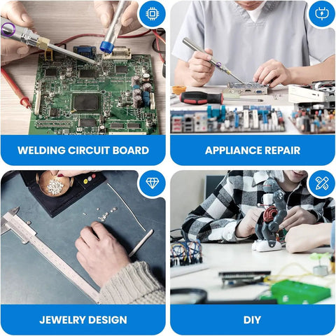 Collage of activities: welding circuit board, appliance repair, jewelry design, DIY projects, showcasing various tools and projects.