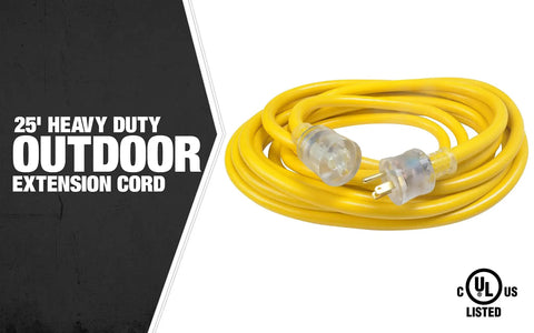 Extra Heavy Duty 25 Ft Extension Cord 10 Gauge 3 Conductor Outdoor Cable With Lighted End SJTW Yellow Durable Vinyl