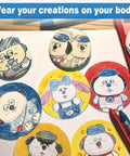 Colorful handmade 58Mm buttons featuring cartoon characters, created using the Straight Up Pro 58Mm Button Maker Kit 200 Piece Round Pin Assembly.