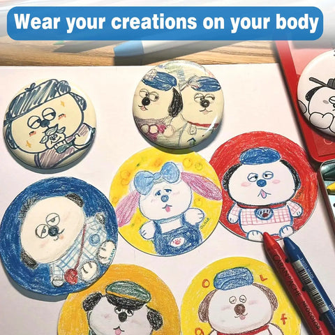 Colorful handmade 58Mm buttons featuring cartoon characters, created using the Straight Up Pro 58Mm Button Maker Kit 200 Piece Round Pin Assembly.