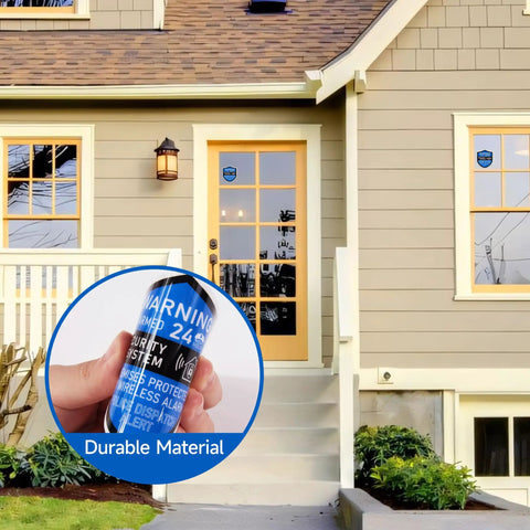 3 Pack Home Security Alarm Signs Weatherproof Self Adhesive 24 Hour Warning Stickers displayed on house door and windows