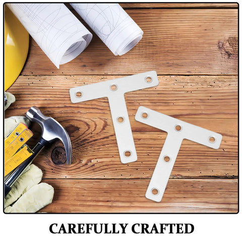 Beefy Heavy Duty Stainless Steel Corner Bracket Plates, Thick T Shaped Angle Braces on wooden surface with tools