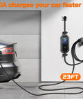 Grip And Go Portable Level 2 Ev Charger 40 Amp 23 Ft Cord Nema 14-50p charging an electric car, real-time display mounted on wall.