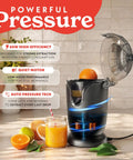 Gourmia Automatic Citrus Juicer One-Touch Operation Compact Electric Extractor With Universal Cone For Lemons Limes Oranges Grapefruits Anti-Drip Spout Dishwasher Safe Parts Quiet Motor Easy Cleanup with a bright orange on top.