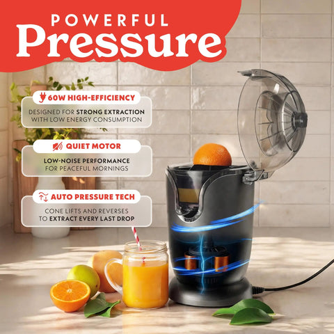 Gourmia Automatic Citrus Juicer One-Touch Operation Compact Electric Extractor With Universal Cone For Lemons Limes Oranges Grapefruits Anti-Drip Spout Dishwasher Safe Parts Quiet Motor Easy Cleanup with a bright orange on top.
