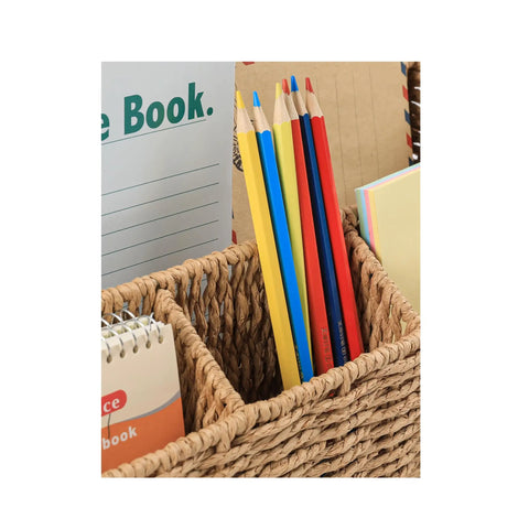 Rattan Desk Organizer With Five Slots Mail Holder And Caddy, showing colored pencils and notebooks organized in wicker basket