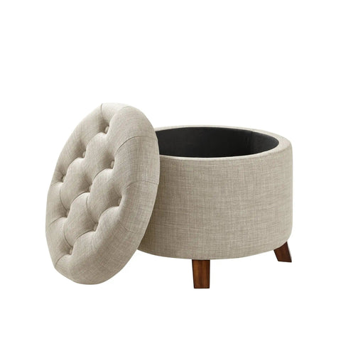 Round Storage Ottoman Foot Rest With Hidden Compartment, Button Tufted Upholstered Stool in Linen Beige, 20 By 17 Inches, open view