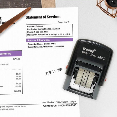 No Hassle Self Inking Date Stamp For Quick Document Dating Hella Smooth Adjustable Calendar Controls With Crisp Black Eco Ink on paperwork.