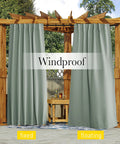 Installed weighted outdoor curtains for patio with rope tie, waterproof and windproof thermal privacy for pergola, sage green.