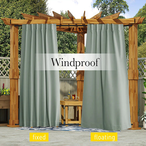 Installed weighted outdoor curtains for patio with rope tie, waterproof and windproof thermal privacy for pergola, sage green.