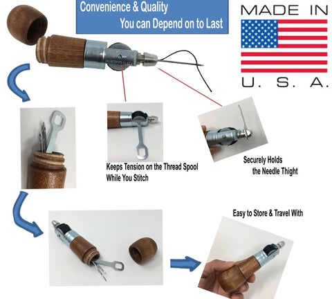 Heavy Duty Sewing Awl Repair Tool For Bounce Houses Inflatables Leather Thick Fabric Shoes Bags And Upholstery Includes Needles And Thread Made In USA Pro Grade with close-up of components