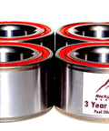 Angled top-down view of four metal wheel bearings with red seals; Rocky Mountain Bearings label visible.