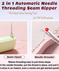 Close-up of 3 Pack 2 In 1 Needle Threader And Seam Ripper Tool with green plastic body and needle threading on fabric.