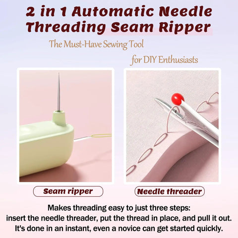Close-up of 3 Pack 2 In 1 Needle Threader And Seam Ripper Tool with green plastic body and needle threading on fabric.