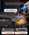 Close-up of 65A Non Touch Pilot Arc Plasma Cutter with Dual Voltage 110V/220V, showcasing cutting power on metal surface.