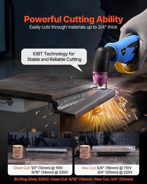 Close-up of 65A Non Touch Pilot Arc Plasma Cutter with Dual Voltage 110V/220V, showcasing cutting power on metal surface.