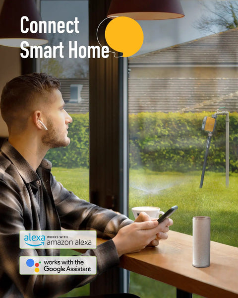 Person using smartphone to control WiFi Water Timer For Garden Hose With App And Voice Control, Weather Based Irrigation System.