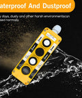 Waterproof Industrial 4 Button Pushbutton Switch For Hoist Crane With Box Holder, yellow, rugged, surrounded by water splash effects