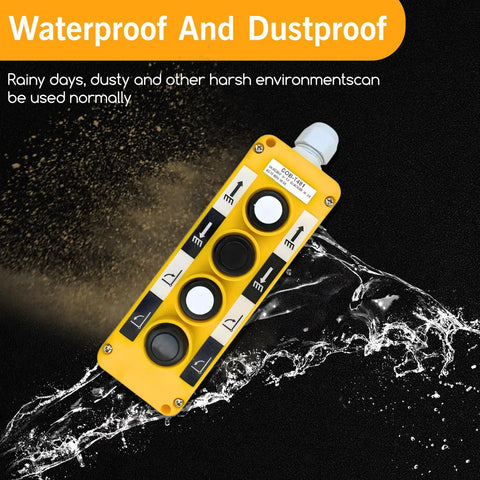 Waterproof Industrial 4 Button Pushbutton Switch For Hoist Crane With Box Holder, yellow, rugged, surrounded by water splash effects