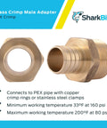 1 Inch Crimp MNPT Male Brass Plumbing Adapter For PEX And Copper, showing threaded fitting and crimp end for pipe connections.