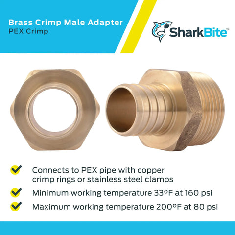 1 Inch Crimp MNPT Male Brass Plumbing Adapter For PEX And Copper, showing threaded fitting and crimp end for pipe connections.