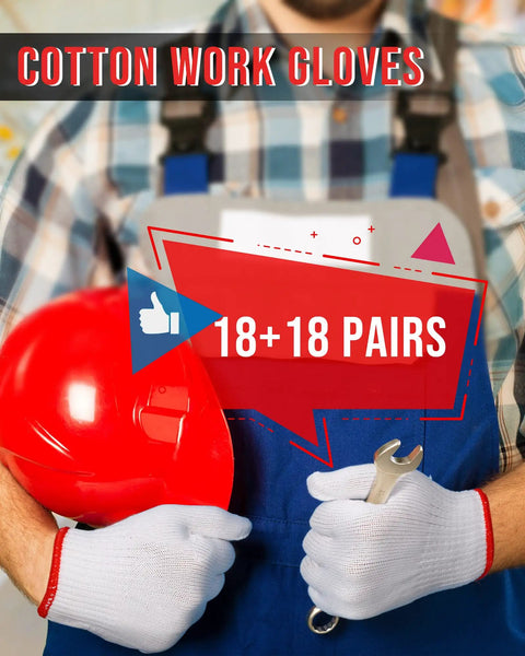 36 Pairs Work Gloves With White Polyester Liners, Non Slip And Launderable, person holding a red helmet and a wrench