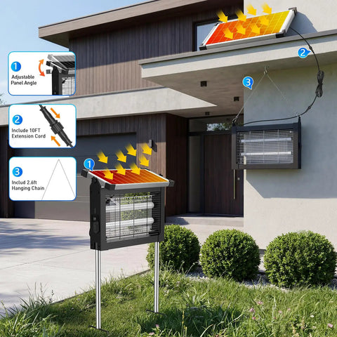 Beast Outdoor Mosquito Zapper With 4500V Electric Grid And USB C Rechargeable Battery installed in backyard with solar panel