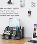 Black durable mesh desk organizer with drawer, six compartments, holding pens and supplies, for desk and dorm storage.