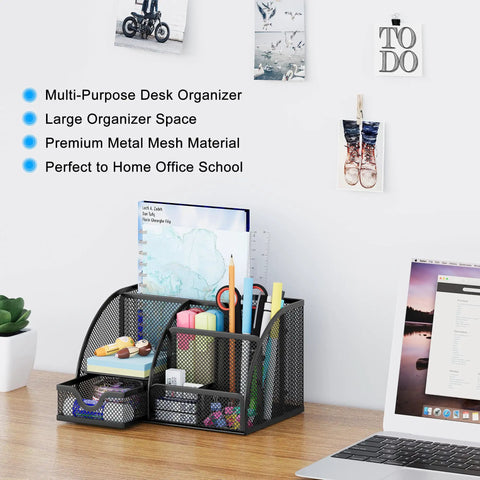 Black durable mesh desk organizer with drawer, six compartments, holding pens and supplies, for desk and dorm storage.