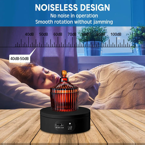6 Piece Black Turner Cup Rotating Display Stand With USB Power Cable And Silent Motor Battery Backup For Kitchen Tumbler Organization, showcasing noiseless operation.