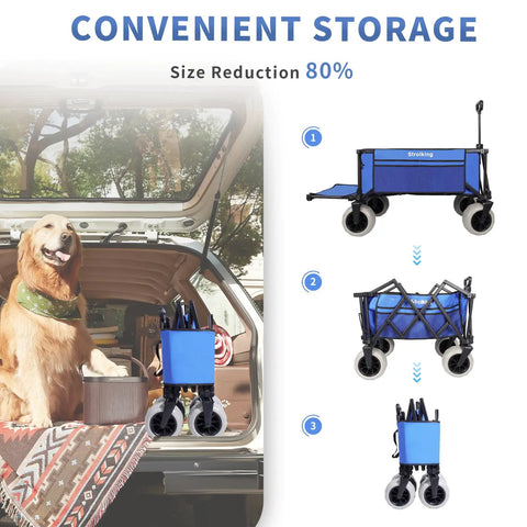 Convenient storage for 260L Heavy Duty Collapsible Beach Wagon with 9in sand wheels and rear tailgate; dog nearby.