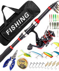 Black And Red Telescopic Fishing Rod And Reel Combo Five Point Nine Feet Fiberglass Pole With Spinning Reel Tackle Carrier Bag Lure Kit And Line Freshwater And Saltwater Travel Kit For Bass And Trout with tackle and lures displayed.