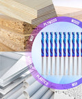 Up And Down Cut Compression Bit For CNC Router One Eighth Inch Shank One Eighth Inch Spiral Cutting Diameter Tungsten Carbide End Mill Set Ten Pack Nano Blue Coated displayed with plywood and plastics