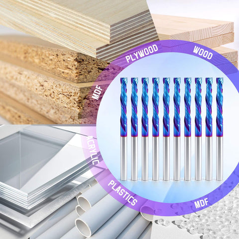 Up And Down Cut Compression Bit For CNC Router One Eighth Inch Shank One Eighth Inch Spiral Cutting Diameter Tungsten Carbide End Mill Set Ten Pack Nano Blue Coated displayed with plywood and plastics