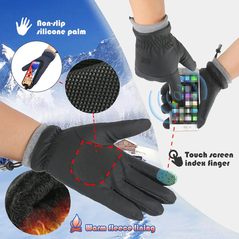 Black Warm Waterproof Winter Ski Gloves For Men And Women with touchscreen fingers, anti-slip grip, and warm fleece lining.