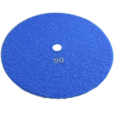 Blue pad from the 7 Inch Wet Diamond Polishing Pad Set, grit 50, Velcro-backed, resin bonded for granite, marble, stone surfaces.