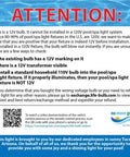 Warning label for 12V LED Spa Light Bulb, highlighting non-compatibility with 120V systems, includes return instructions.