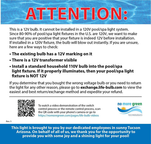 Warning label for 12V LED Spa Light Bulb, highlighting non-compatibility with 120V systems, includes return instructions.