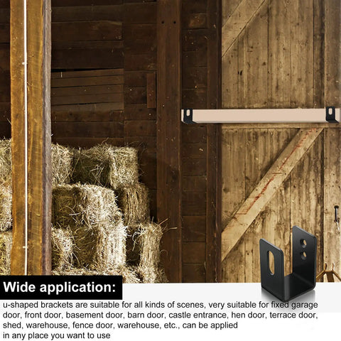 Heavy Duty U Shaped Door Barricade Bracket For 2x4 Openings installed on barn wall with black finish brackets visible