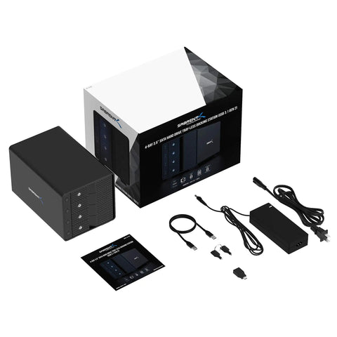 Heavy Duty Four Bay USB C Docking Station For External Hard Drive Enclosure And SSD HDD Expansion With Blazing Fast 10Gbps Transfer Speeds Built Tough Multi Drive Access with power supply and cables.
