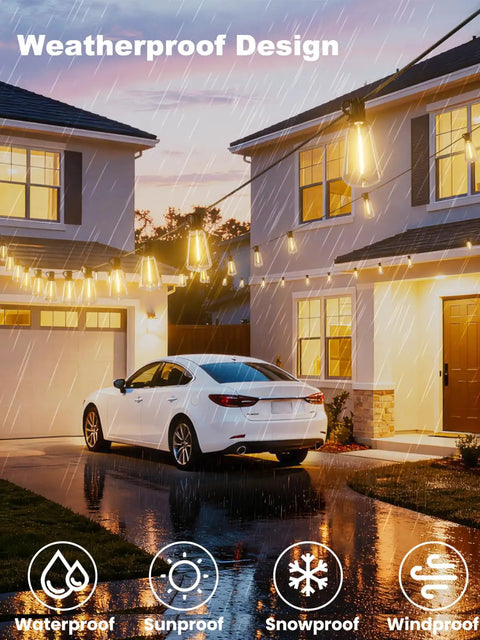 Outdoor String Lights 100 Ft Patio Lighting With 52 LED Edison Bulbs shown in rainy driveway scene, waterproof feature highlighted.
