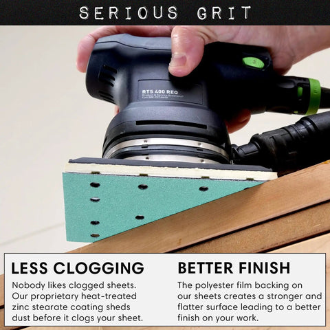 Beefy 14 Hole Five And A Quarter Inch Sanding Sheets 600 Grit Hook And Loop Film in use with Festool RTS 400 sander on wood