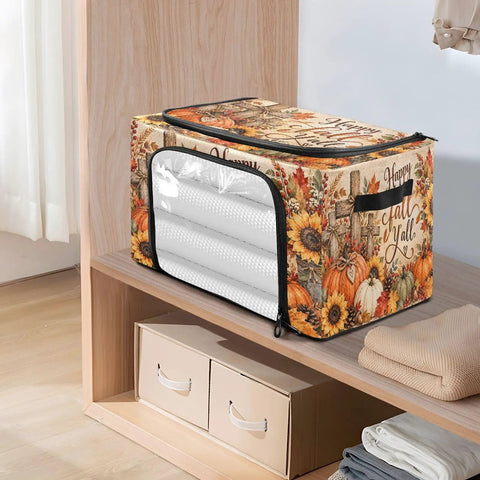 Game Changing Foldable Storage Tote With Clear Front Window And Dual Zipper Access For Quick Grabbing Steel Reinforced Base on a shelf with seasonal decor