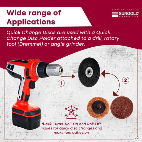 Drill with Medium Non Woven Surface Conditioning R Type Quick Change Disc 2 Inch Maroon Pro Grade for metal prep disc change.