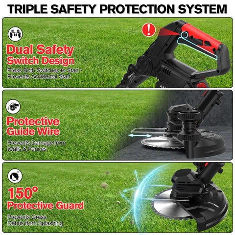 Image of 21V Cordless Weed Wacker And Lawn Edger Do It All 4 In 1 Garden System showcasing dual safety switch and protective features.