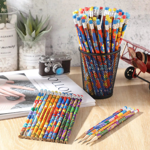 144 Count Attendance Pencils With Erasers For Back To School Kids Assorted Wooden Pencils in holder on desk