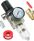 Air compressor filter regulator with gauge and water/oil separator bowl, 1/4 inch, brass ball valve, mounting bracket.